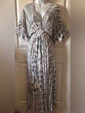 Dress Forum Los Angeles Womens Floral Blue & Cream Boho Seaside Maxi Dress Large